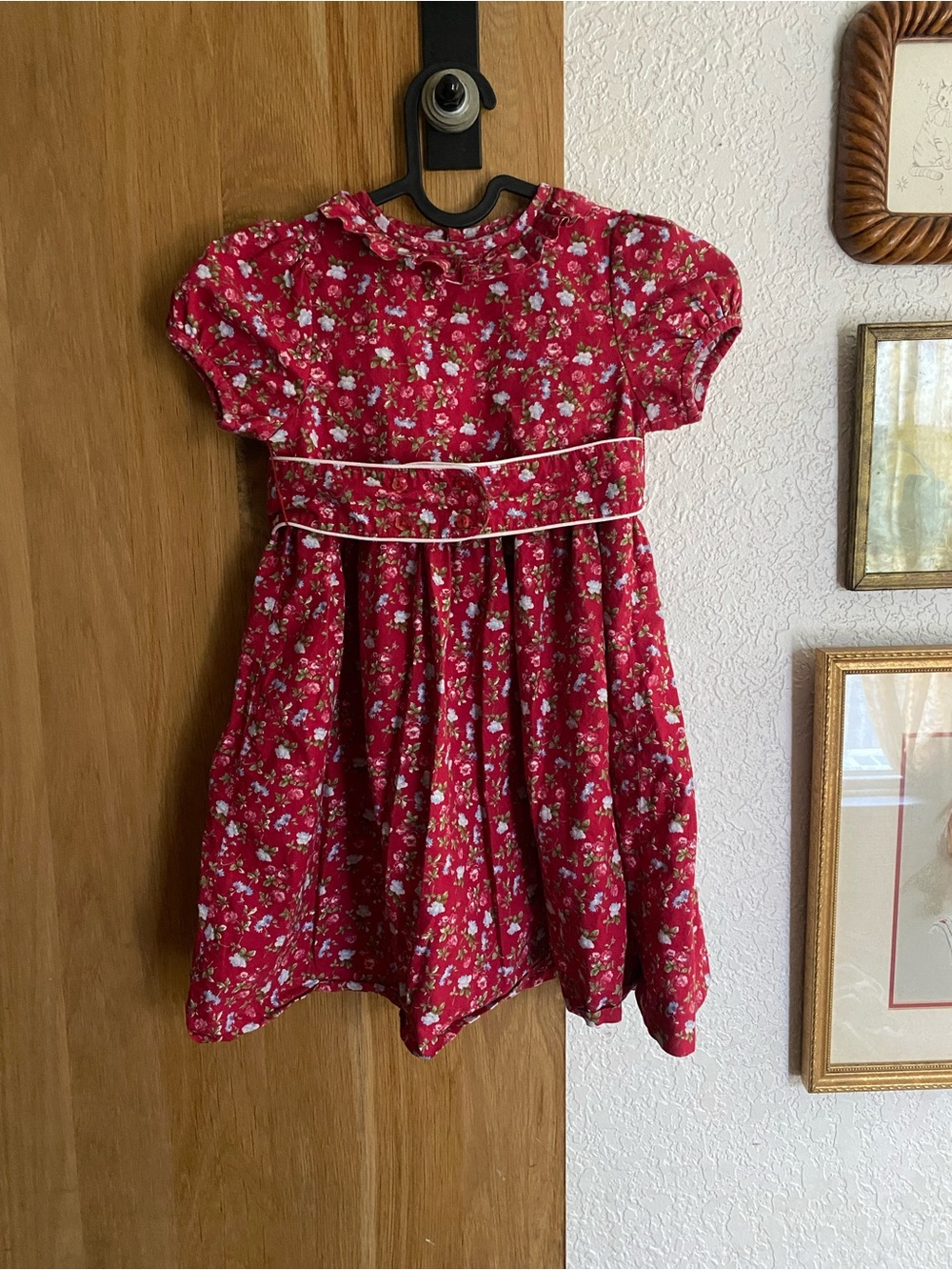 Edgehill Collection Red Floral Puff-Sleeve Dress with White Piping